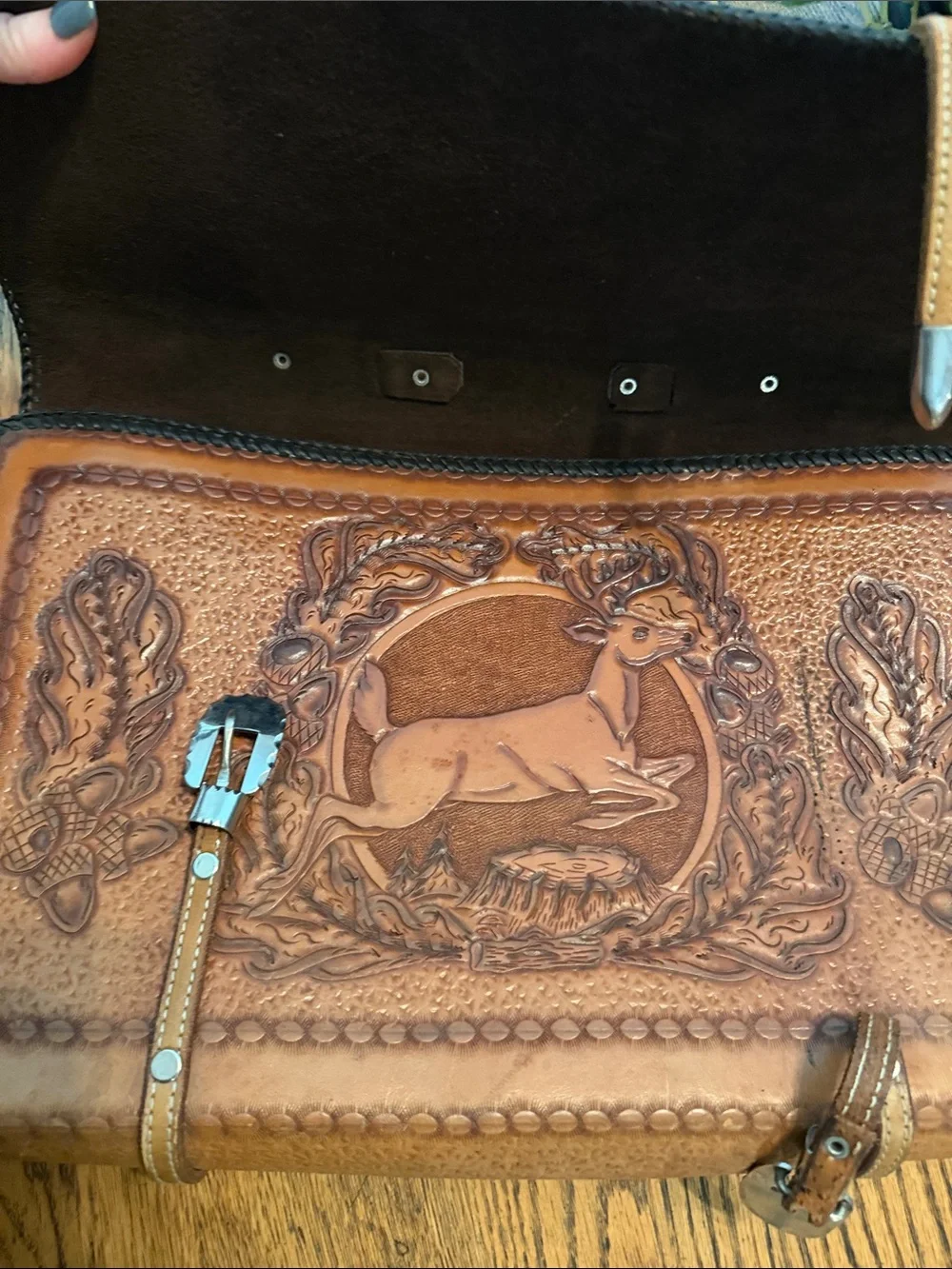 Tooled Leather Briefcase in Brown with Personalized Initials